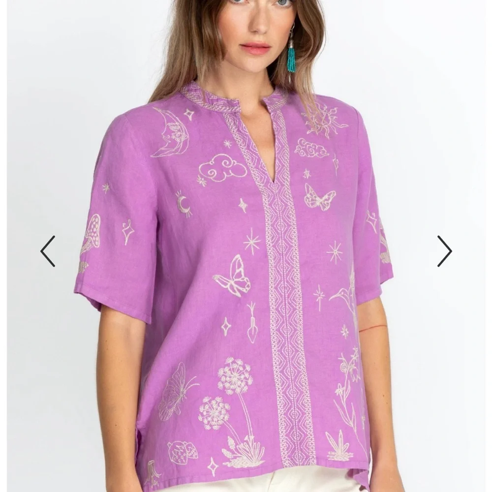 Johnny Was NOAH EASY V‑NECK Embroidered Top Mandarin Collar Purple Lilac Size M - Picture 3 of 16